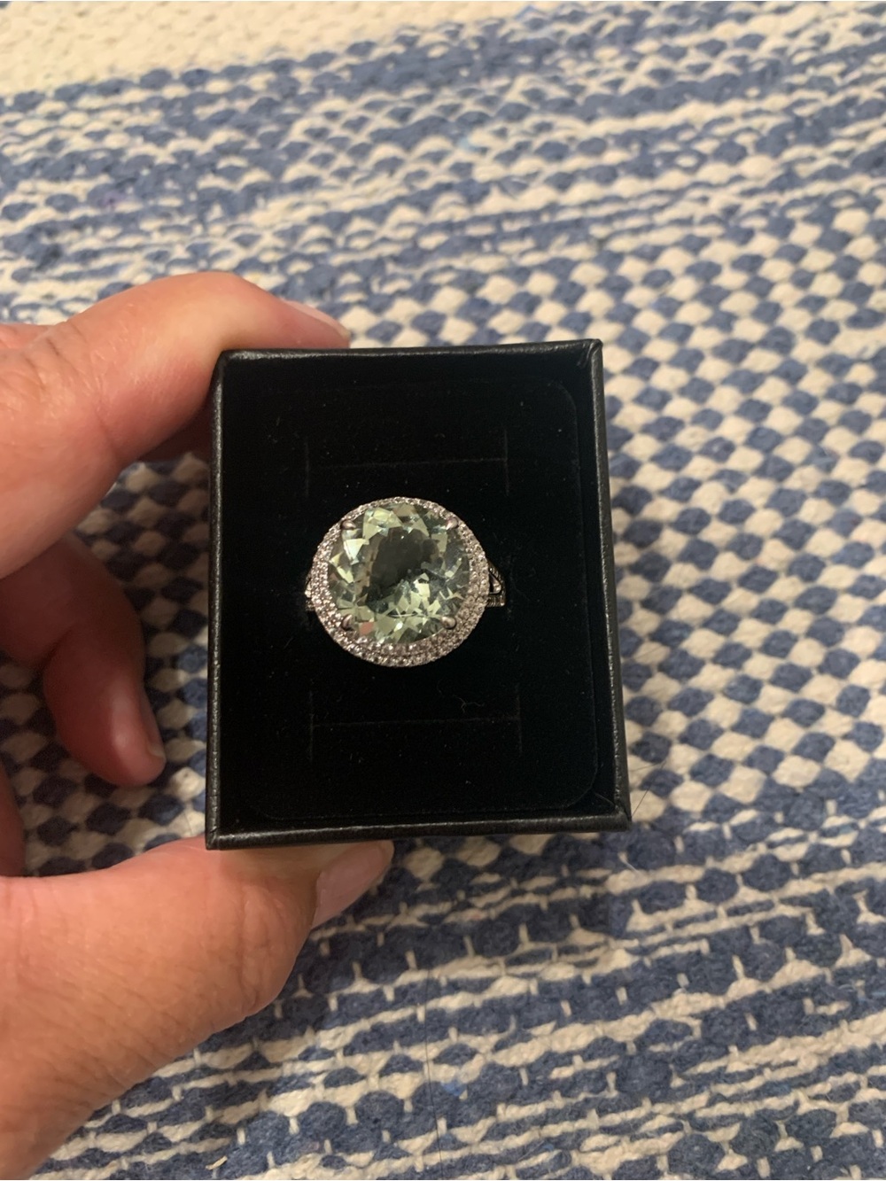 Stamped 925 SS Large Green Prasiolite gemstone with White Topaz accents ring 10